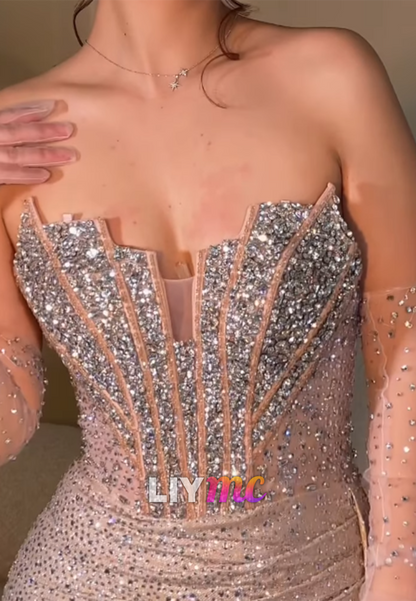 Off-Shoulder Beaded Mermaid Gown with High Slit Train