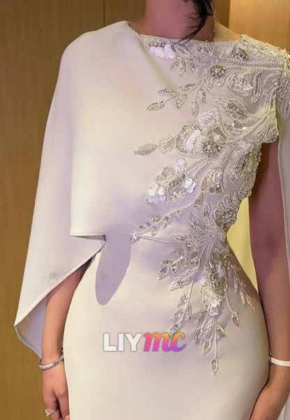 Asymmetric Cape Beaded Evening Gown
