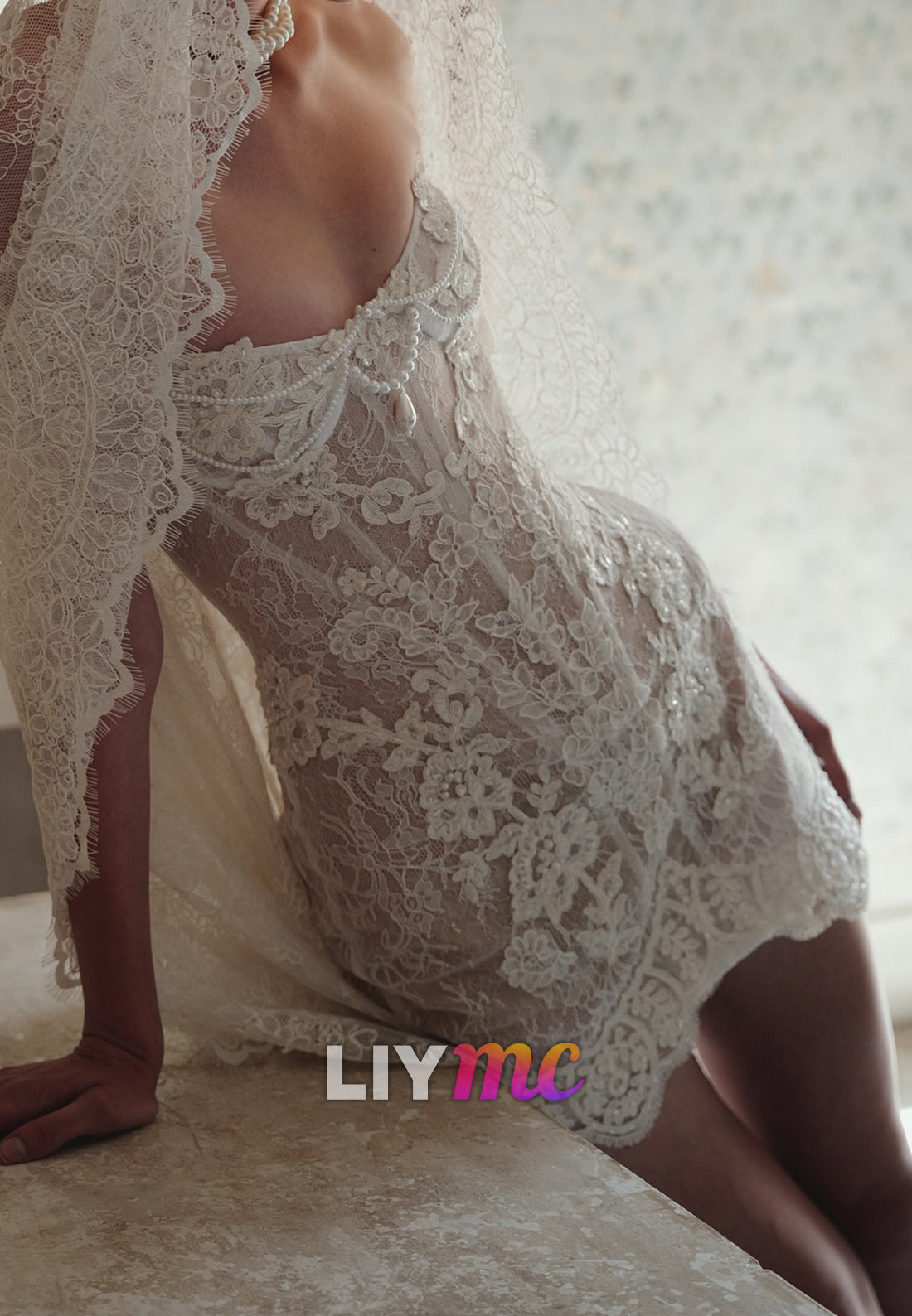 Pearl-Embellished Lace Corset Mini Dress