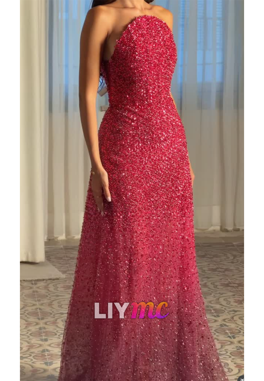 Strapless Beaded Floor-Length Evening Gown