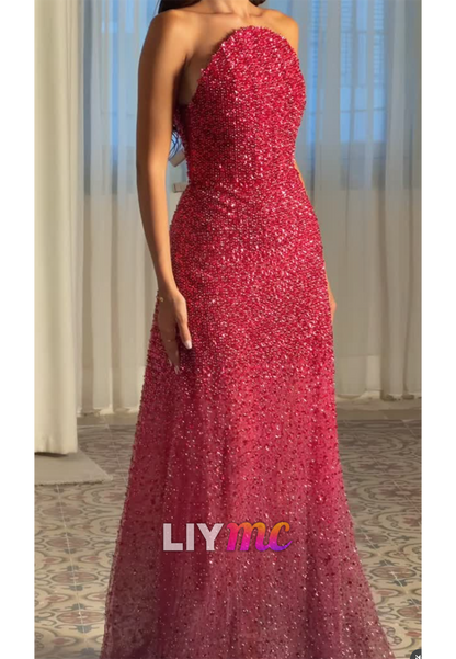 Strapless Beaded Floor-Length Evening Gown