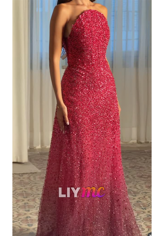 Strapless Beaded Floor-Length Evening Gown
