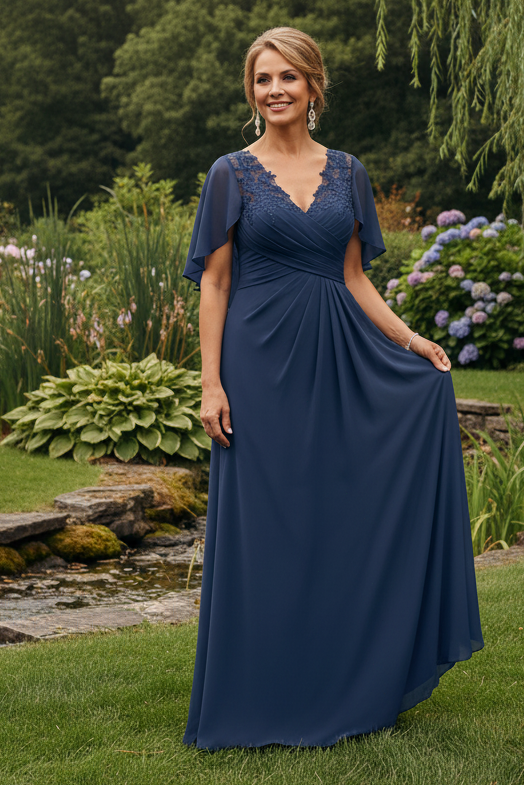 V-Neck Lace Chiffon Gown with Draped Cape