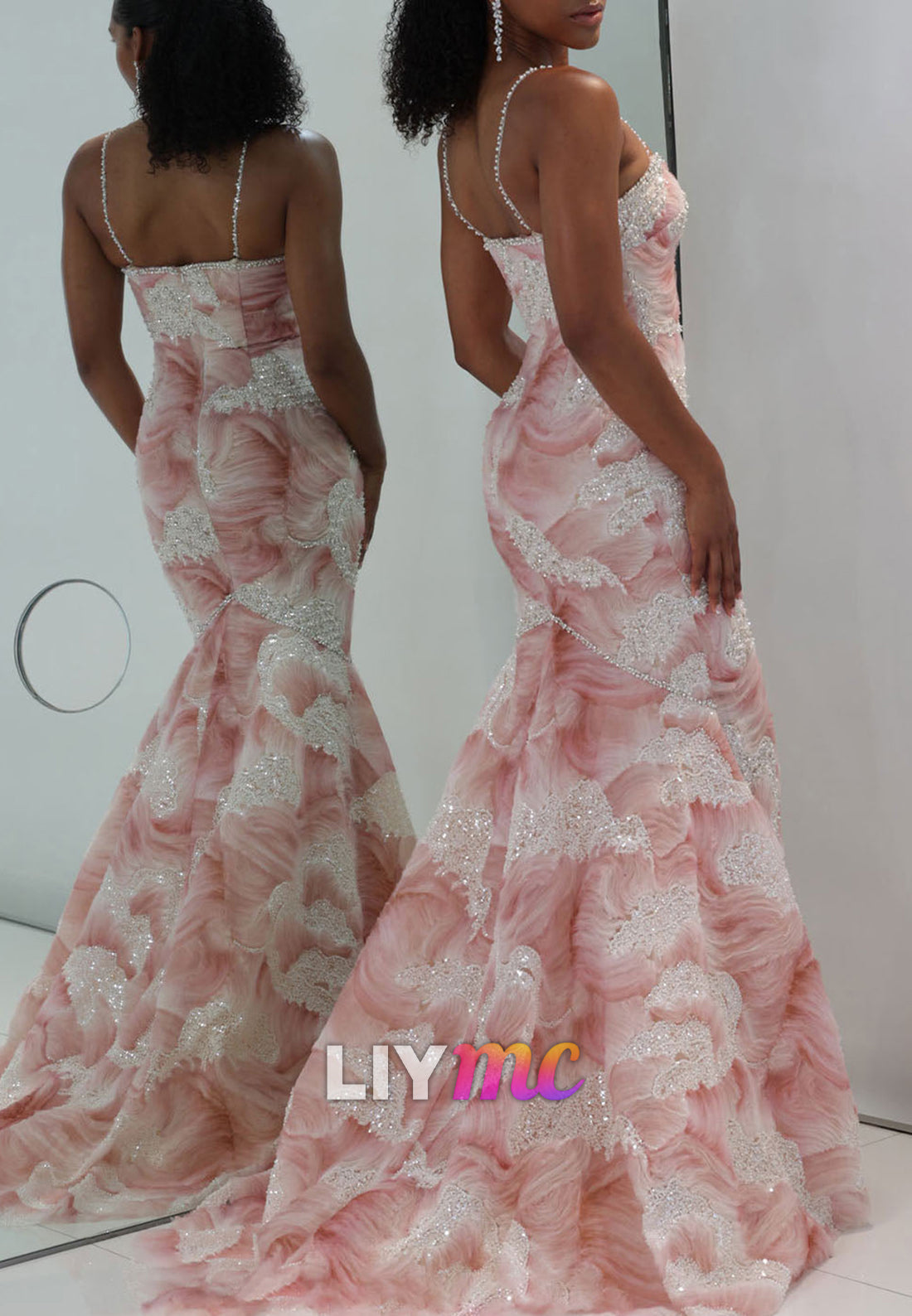 Beaded Swirl Mermaid Evening Gown with Straps