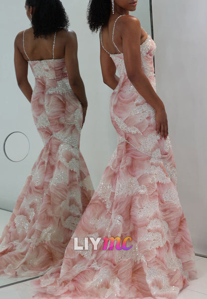 Beaded Swirl Mermaid Evening Gown with Straps