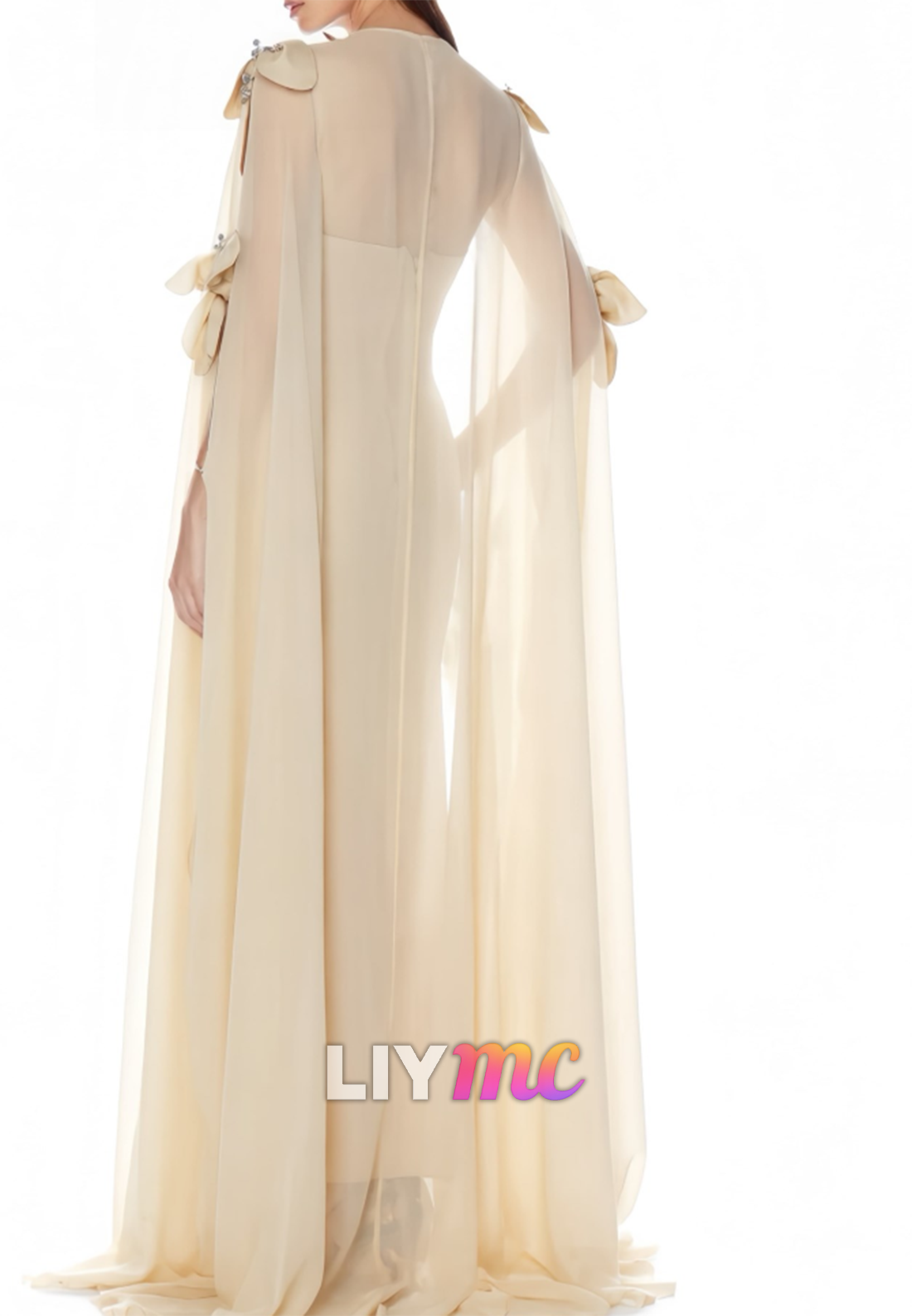 Floral Cape Overlay Pleated Bodice Evening Gown
