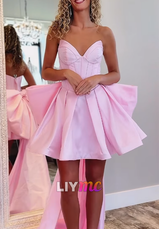 Strapless Sweetheart Corset High-Low Dress with Bow