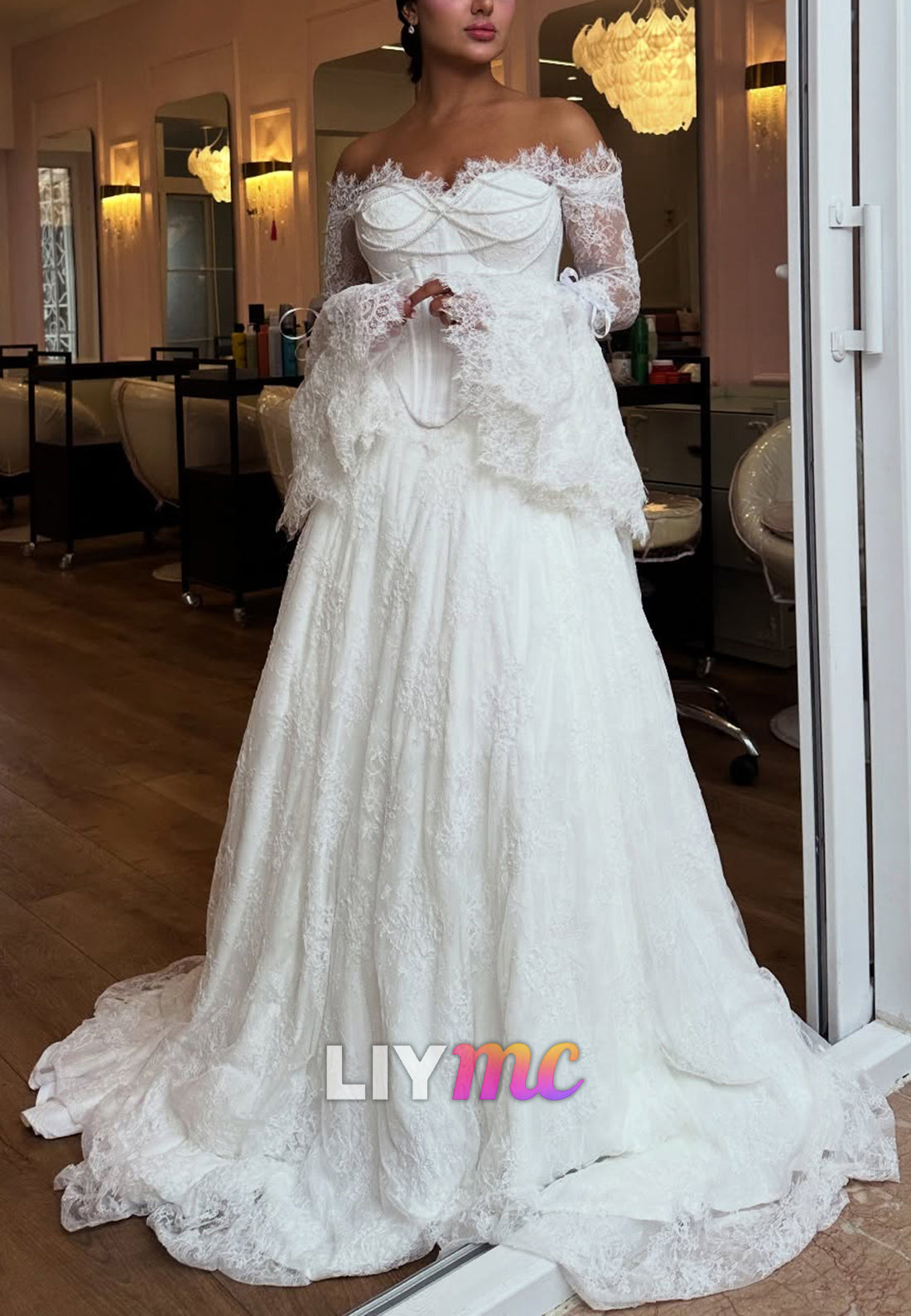Off-the-Shoulder Lace Corset A-Line Wedding Dress
