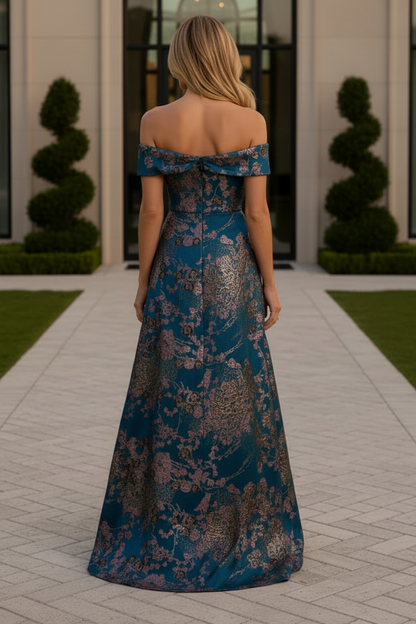 Off the Shoulder Floral Jacquard Evening Gown