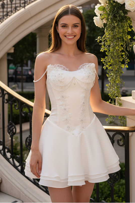 Lace Applique Mini Dress with Pearl Accents
