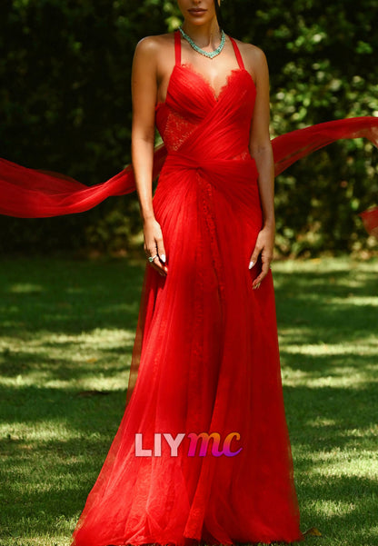 Tulle & Lace Halter Gown with Draped Shawl