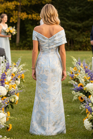 Off-The-Shoulder Pleated Floral Jacquard Gown
