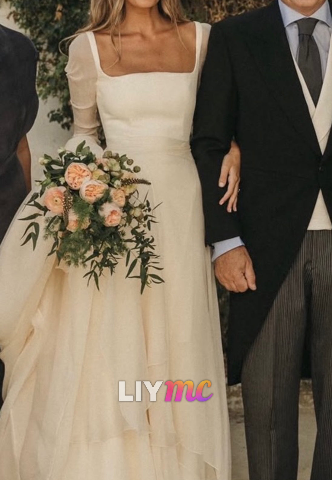 Square Neck Long Sleeve A-Line Wedding Dress