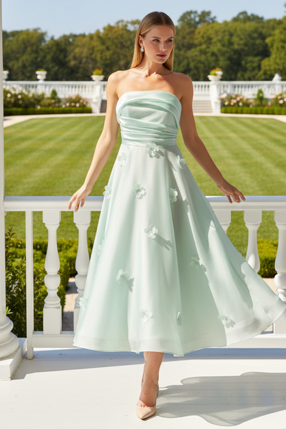 Strapless 3D Floral Applique Midi A-Line Dress