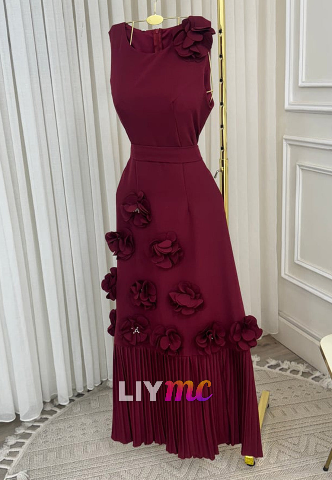 3D Floral Sleeveless Midi Dress with Pleated Hem