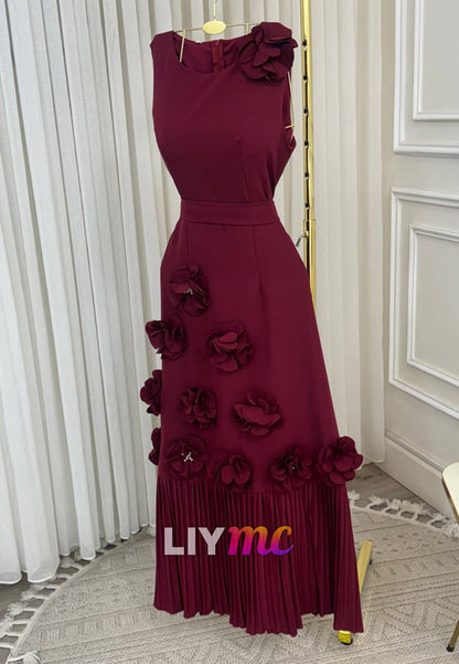 3D Floral Sleeveless Midi Dress with Pleated Hem