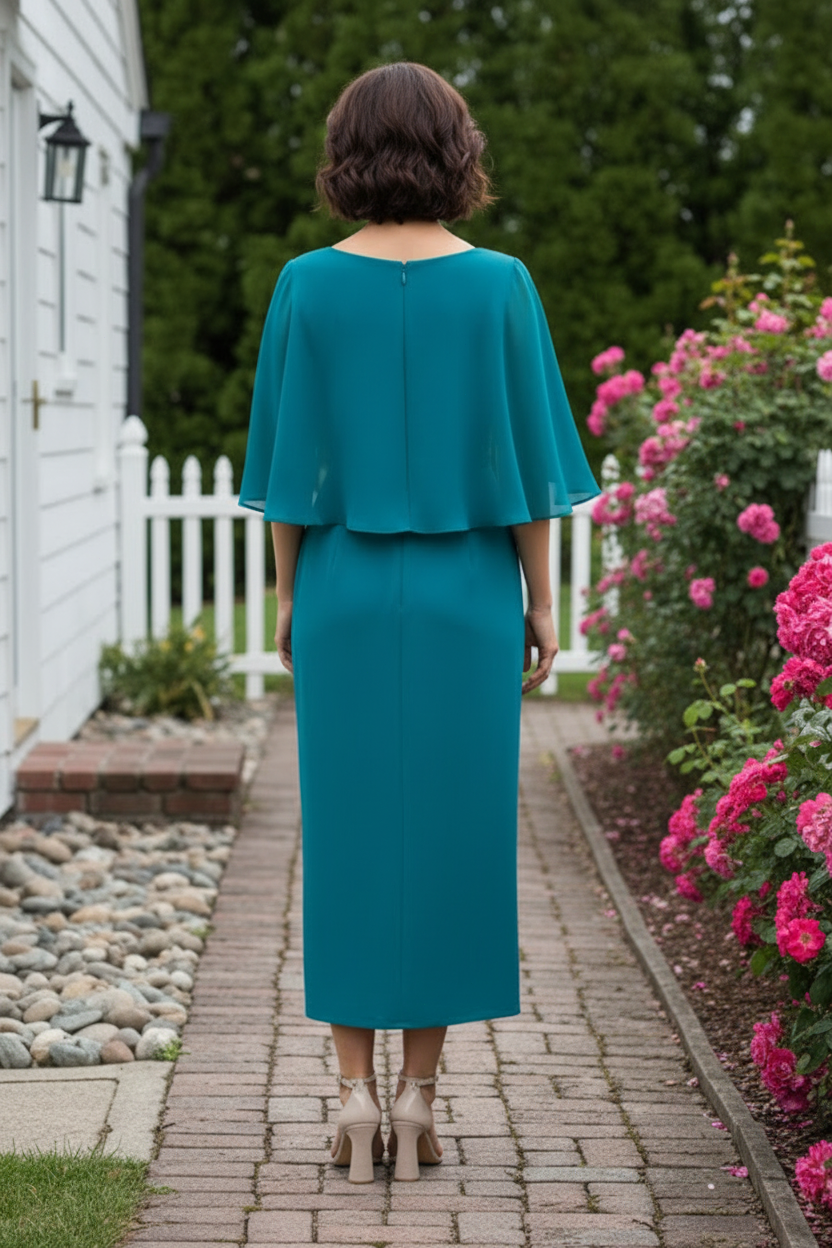 Embellished Sheath Midi Dress with Cascading Drape