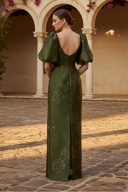 Floral Jacquard Column Gown with Puff Sleeves