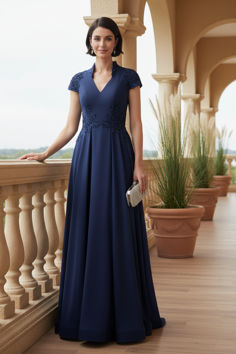 Beaded Cap Sleeve A-Line Evening Gown
