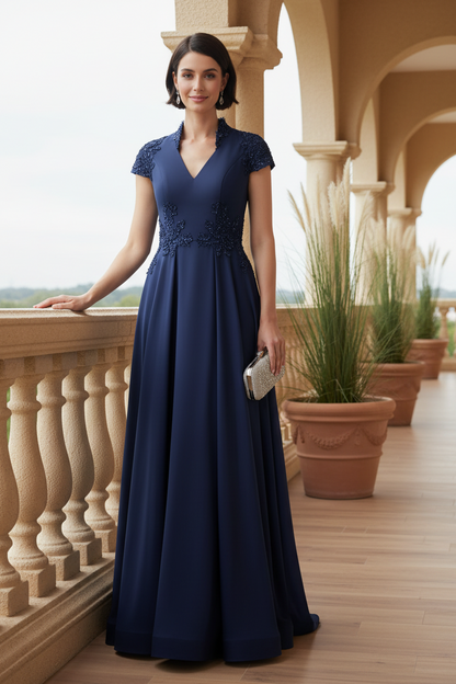 Beaded Cap Sleeve A-Line Evening Gown