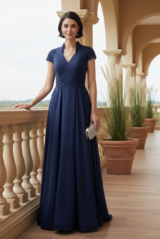 Beaded Cap Sleeve A-Line Evening Gown