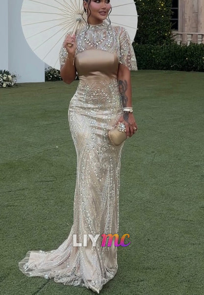 Beaded High Neck Evening Gown with Capelet