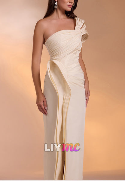 One-Shoulder Pleated Column Evening Gown