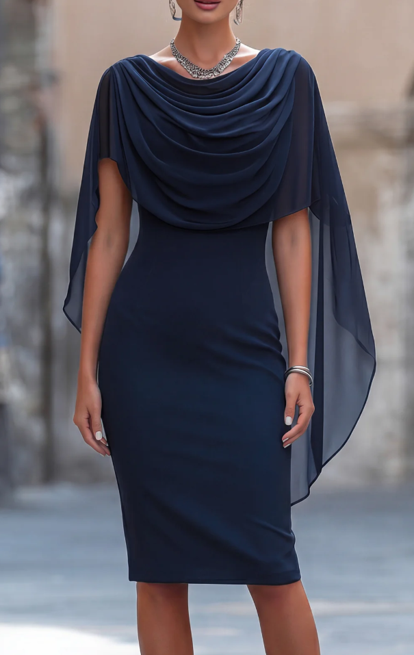 Elegant Sheath Midi Dress with Chiffon Cape Overlay