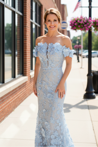Off-the-Shoulder 3D Floral Lace Mermaid Evening Gown