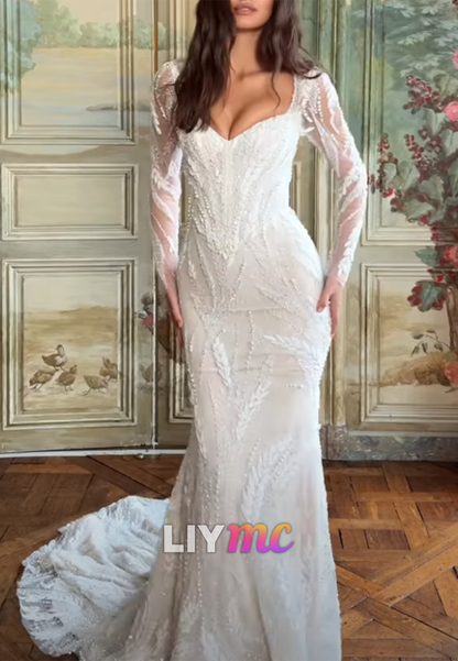 Beaded Long Sleeve Lace Mermaid Wedding Dress