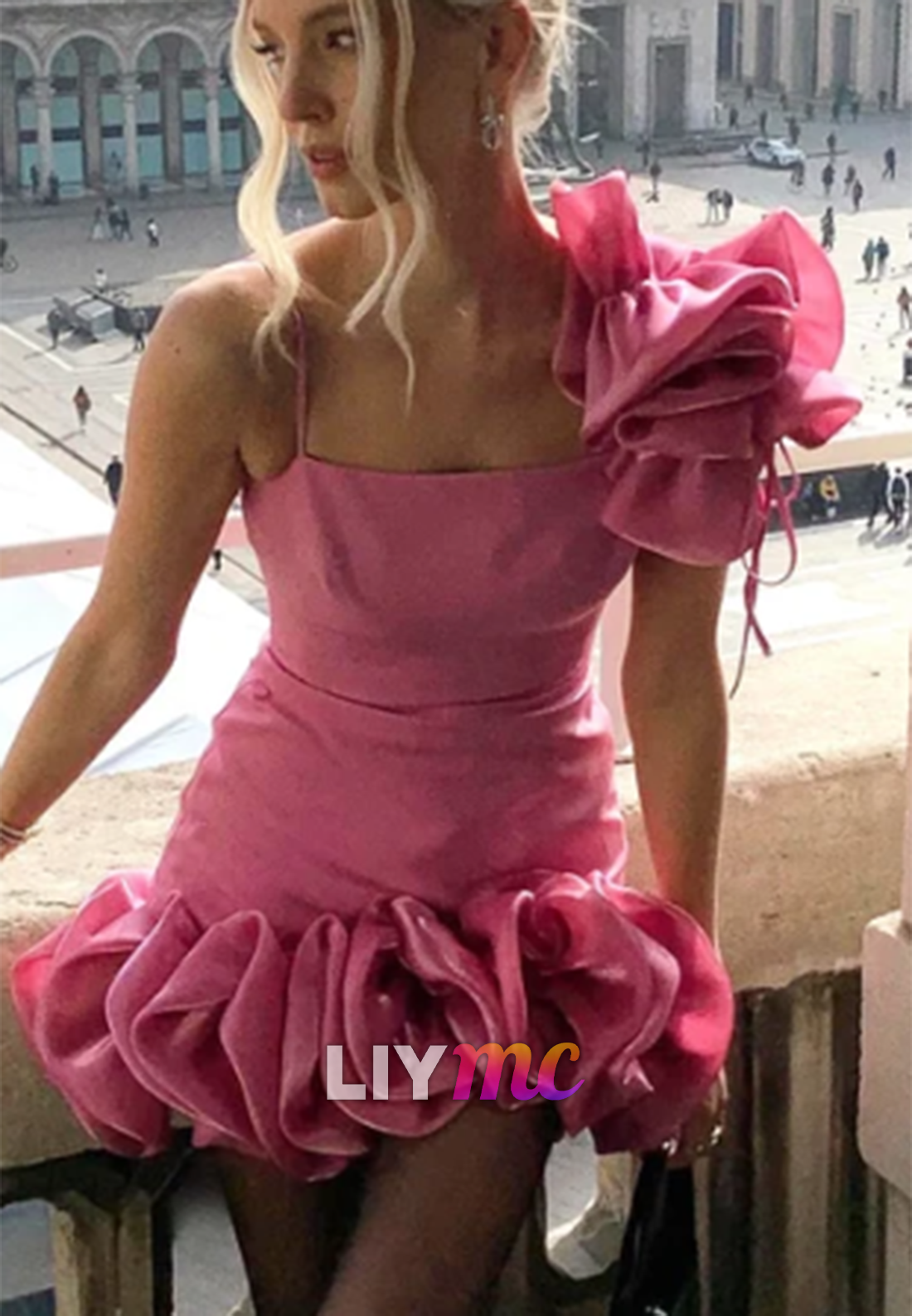 One-Shoulder Ruffle Satin Mini Dress