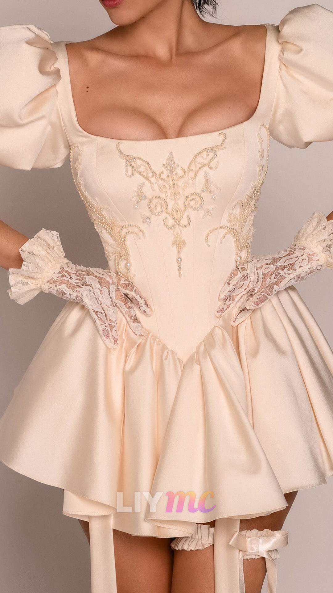 Corset Puff Sleeve Mini Dress with Beading