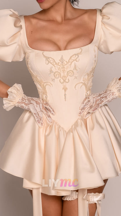 Corset Puff Sleeve Mini Dress with Beading
