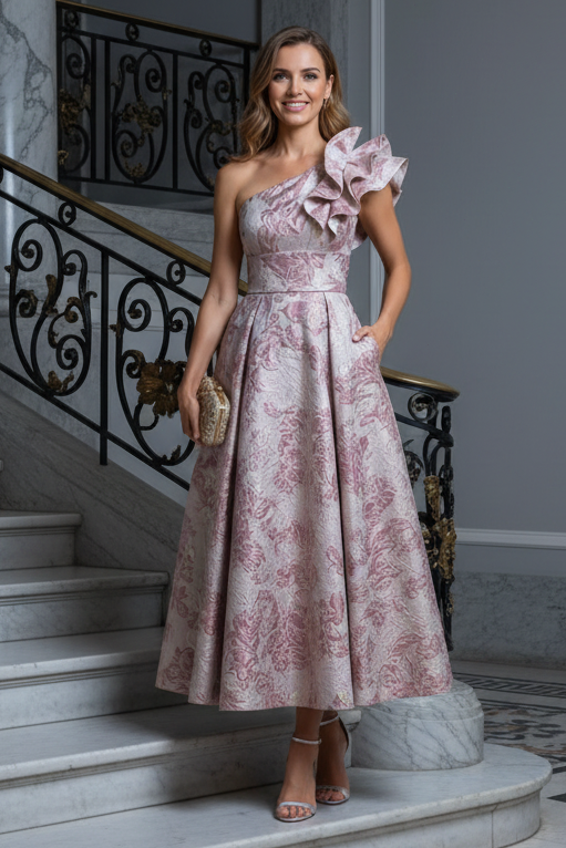 One-Shoulder Ruffle Jacquard A-Line Midi Dress