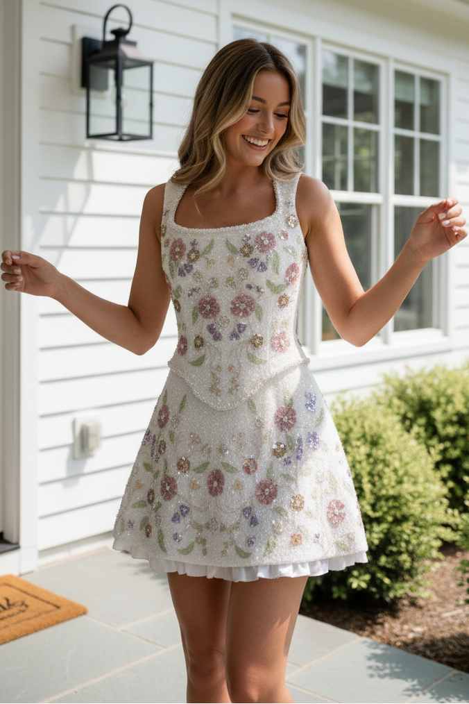 Floral Beaded Corset and Shorts Two-Piece Set
