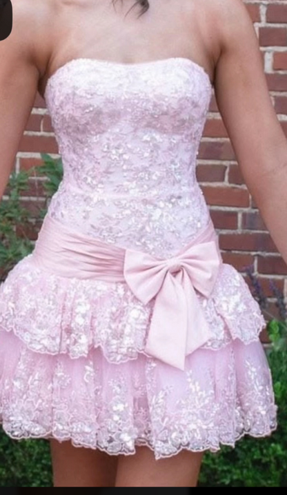 Strapless Sequined Lace Tiered Mini Dress with Bow
