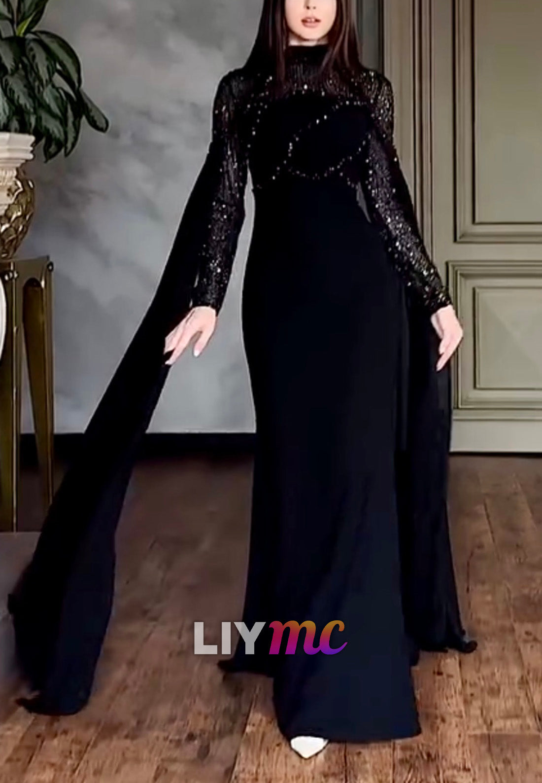 High Neck Sequin Bodice Gown with Cape Sleeves