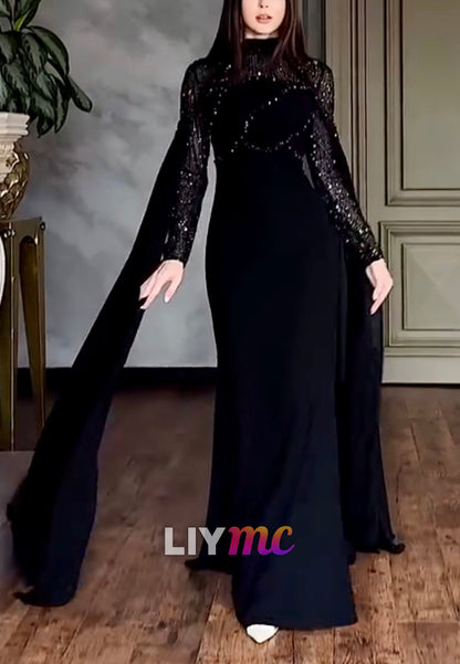 High Neck Sequin Bodice Gown with Cape Sleeves