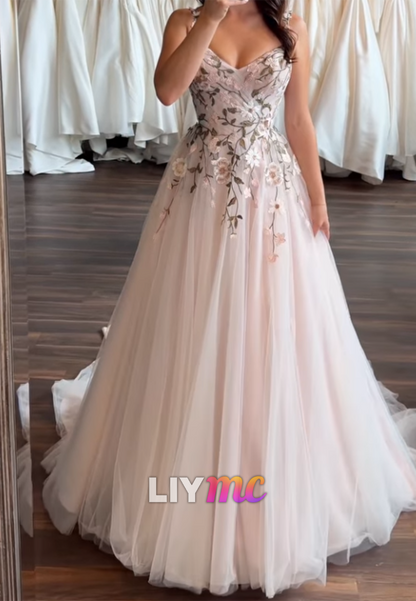 Floral Embroidered A-Line Tulle Wedding Dress