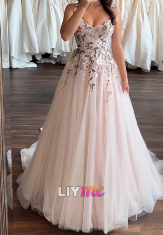 Floral Embroidered A-Line Tulle Wedding Dress