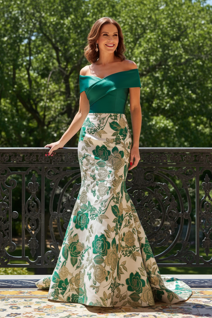 Off-the-Shoulder Floral Jacquard Mermaid Gown