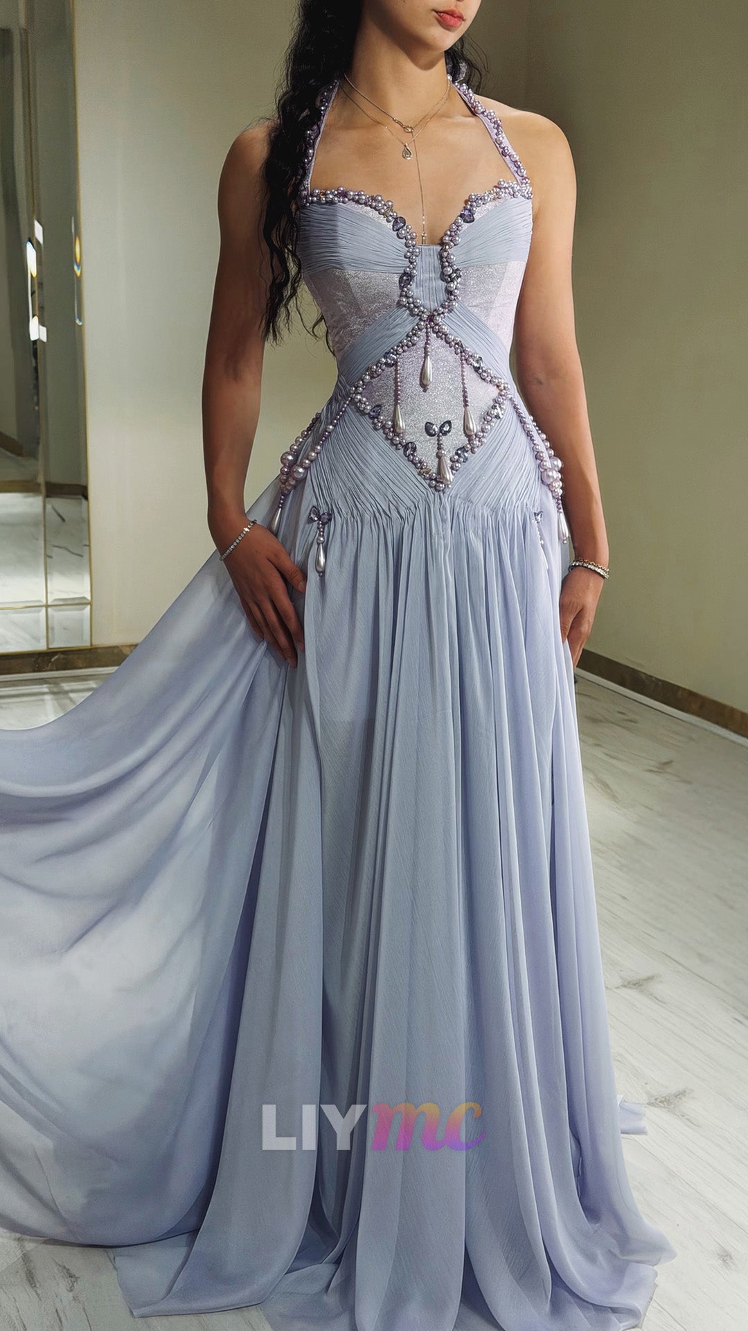 Halter Neck Beaded Bodice Pleated Gown