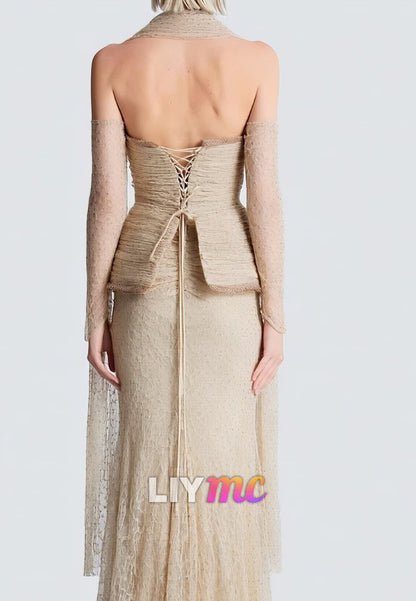 Ruched Corset Halter Gown with High Slit & Gloves
