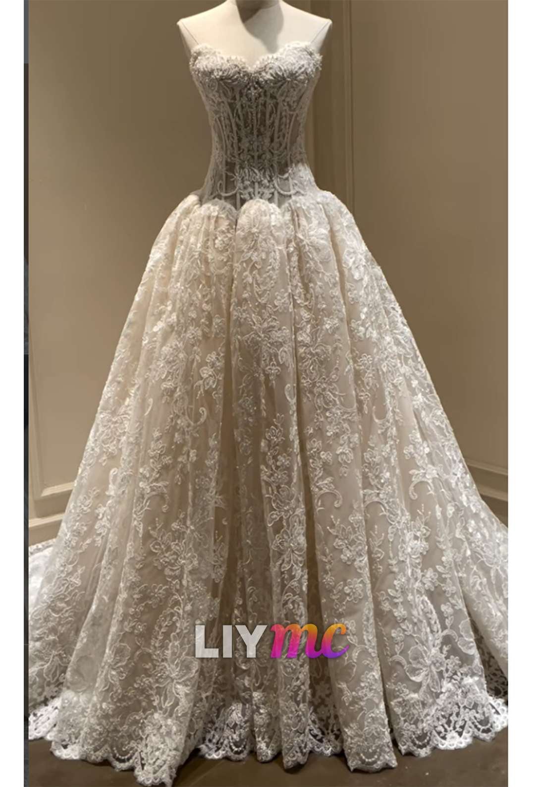 Strapless Lace Corset Bodice Ball Gown Wedding Dress