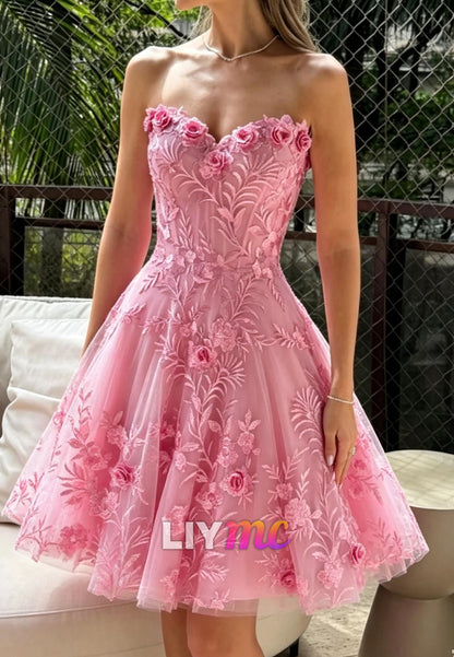 Strapless Sweetheart A-Line Short Dress with 3D Flowers