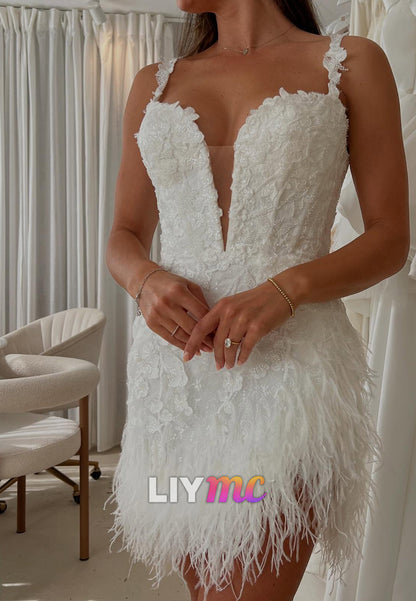 Floral Appliqué Feather Trim Deep V Mini Dress