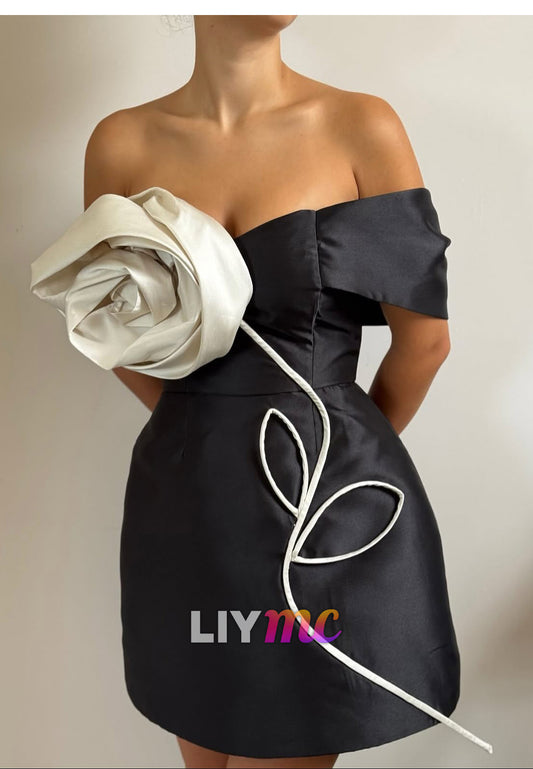 Off-The-Shoulder Asymmetrical Mini Dress with 3D Rose