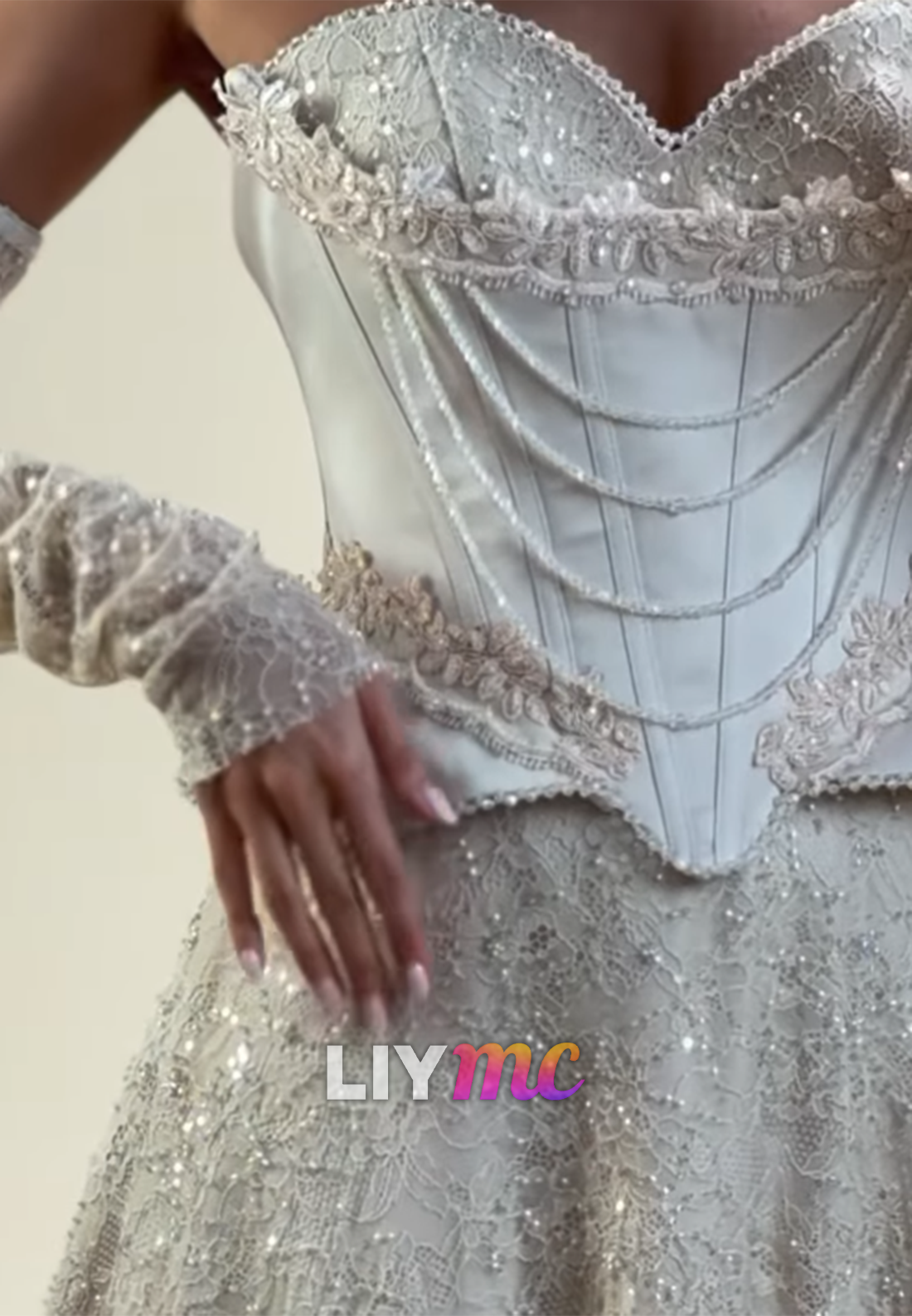Corset Evening Gown with Beaded Sleeves