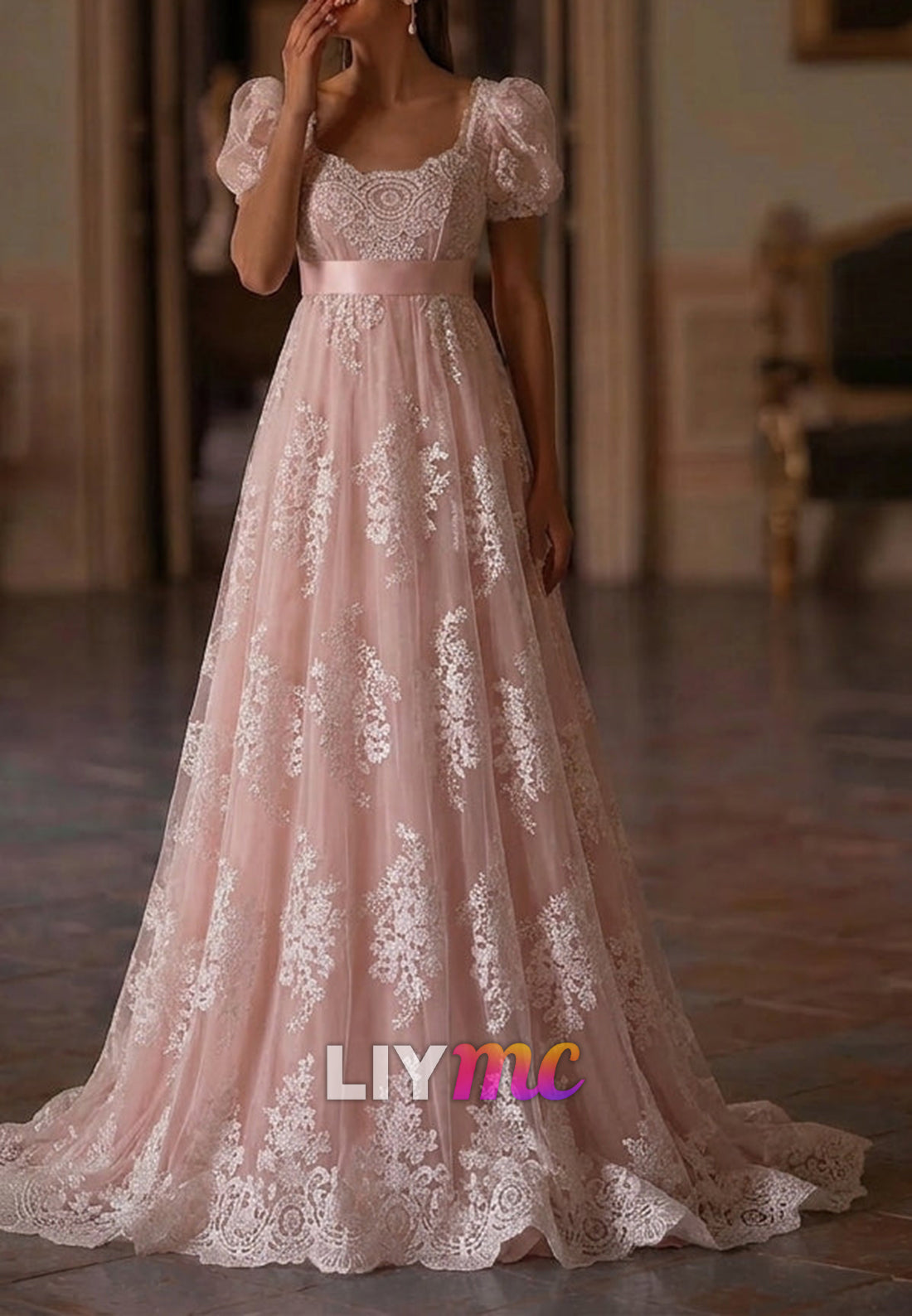Lace Puff-Sleeve Empire A-Line Gown