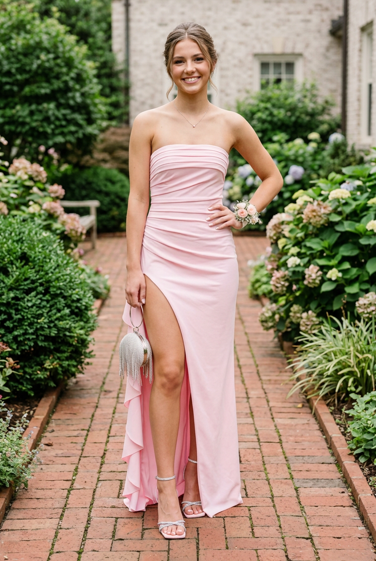 Strapless Ruched Maxi Dress with Cascading Ruffle Slit